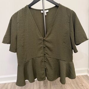 Topshop Olive Peplum Button Front Blouse Women’s Size 8